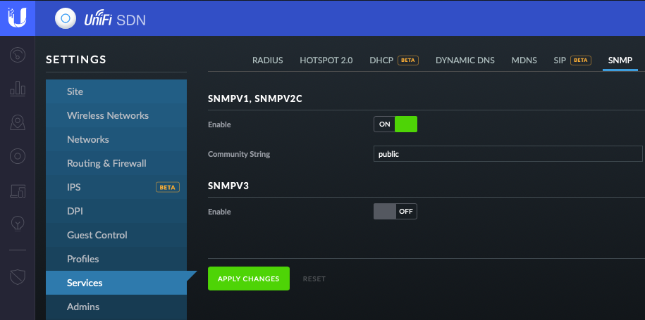 Enable SNMP v1/v2 and set the community string